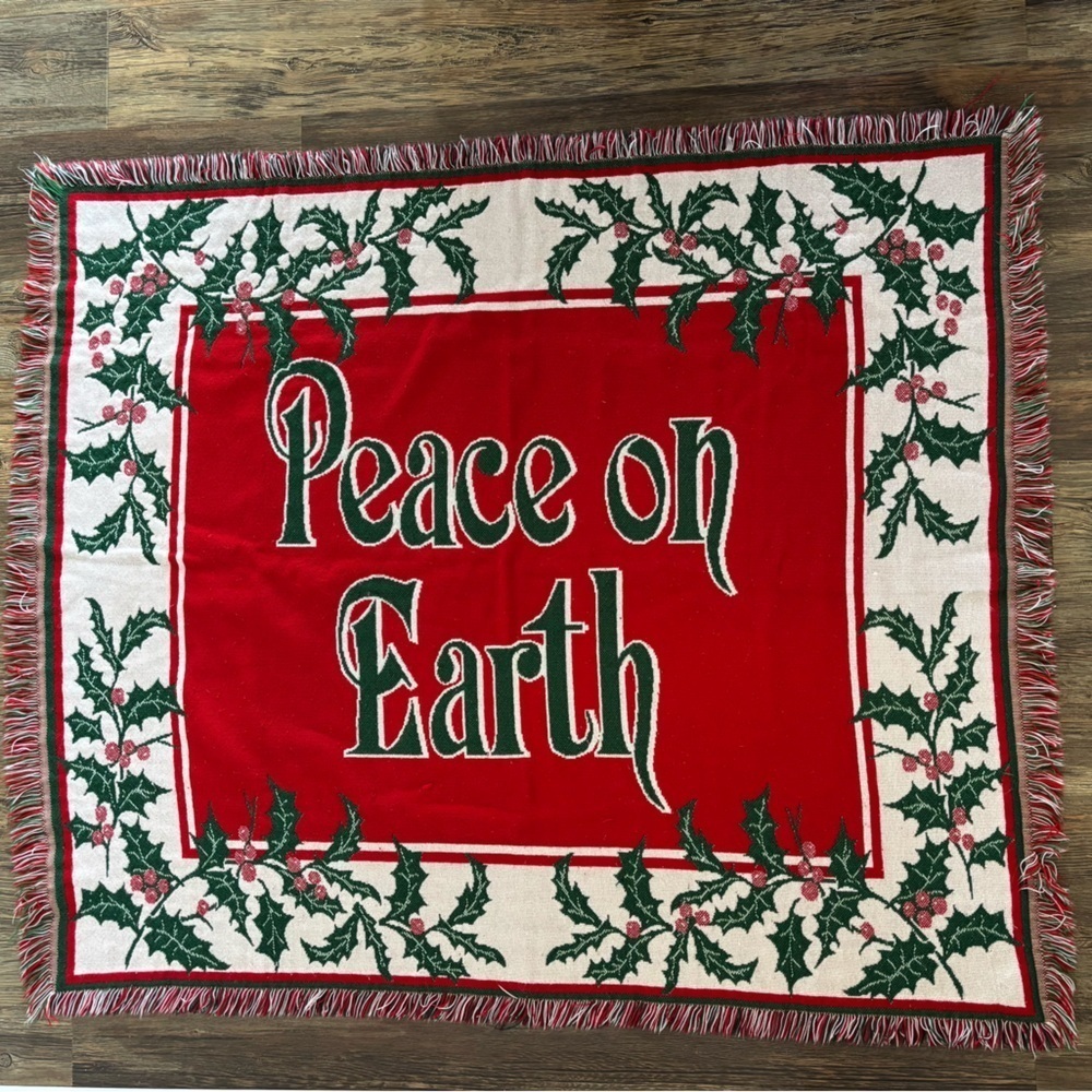 "Peace on Earth" Vintage BEACON Woven Throw Blanket Christmas Made USA 60" x 50"